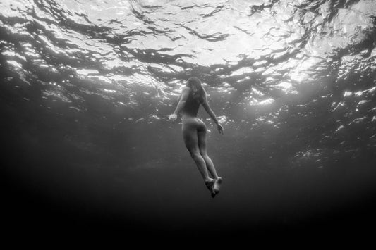 Artistic underwater nude print in black and white, captured in Gordon’s Bay Australia