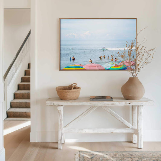 Colourful umbrellas on Sayulita beach, surf inspired ocean fine art photography print on rustic wall.