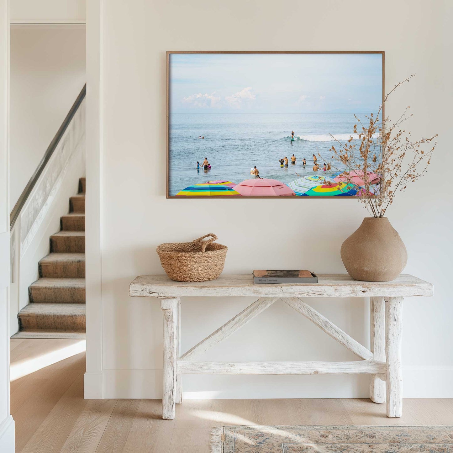 Colourful umbrellas on Sayulita beach, surf inspired ocean fine art photography print on rustic wall.