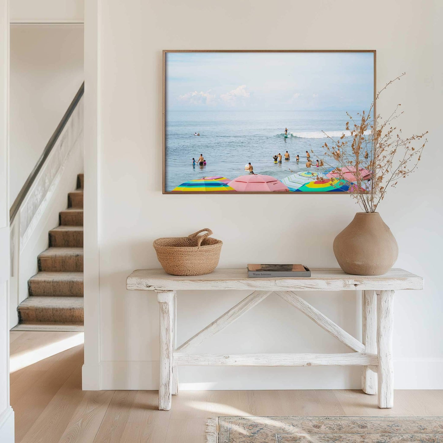 Colourful umbrellas on Sayulita beach, surf inspired ocean fine art photography print on rustic wall.