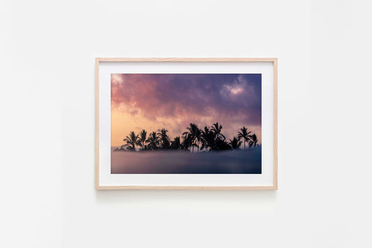 Framed artwork of palm trees against a purple sky on a white wall
