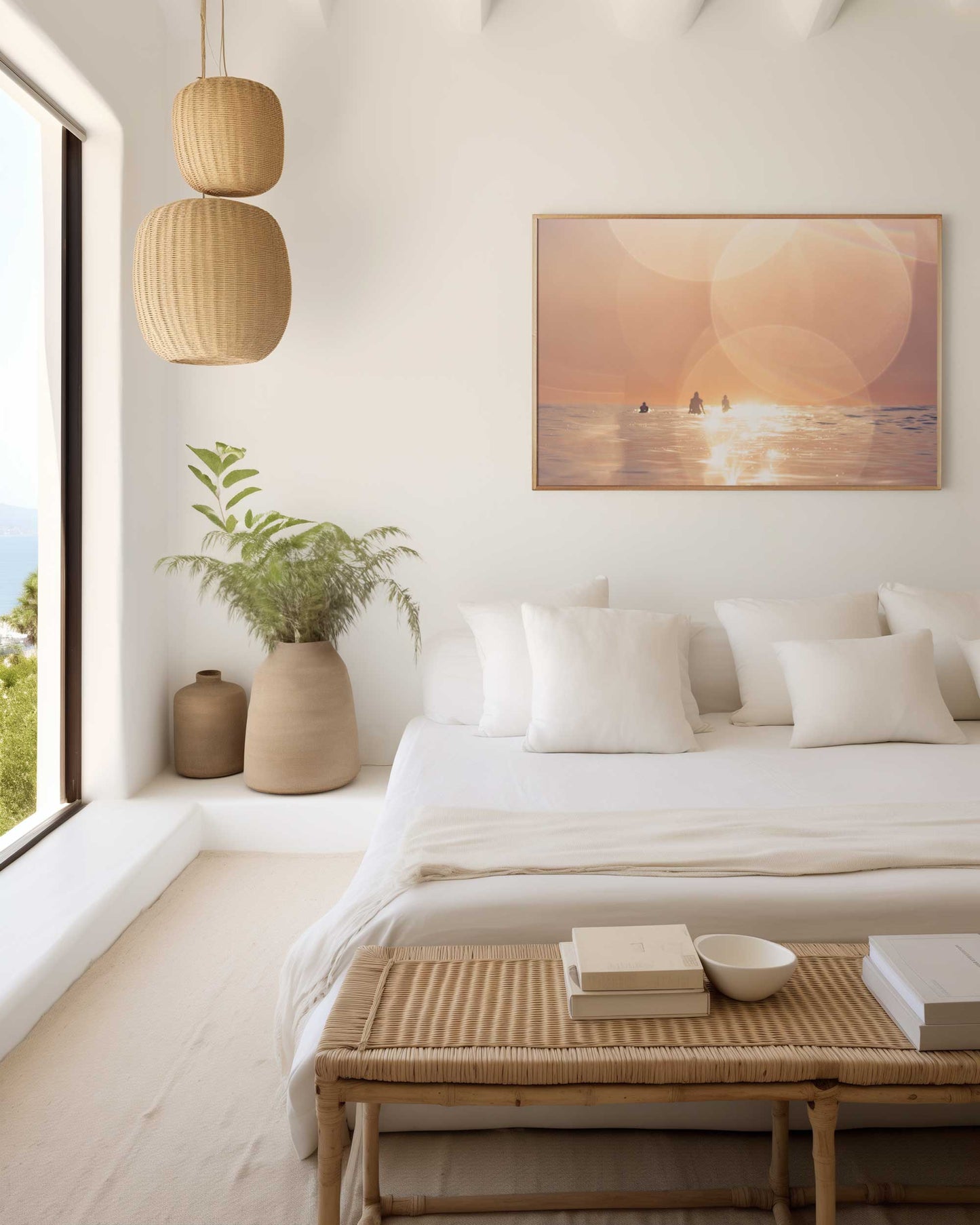 Dreamy ocean pastel fine art photography print with surfers waiting for the next wave beneath soft sunset light — captured off Ensenada, Baja California.