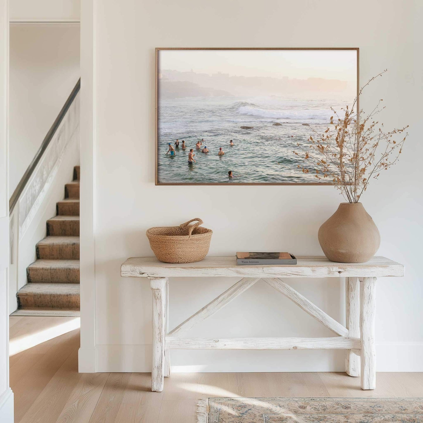 Artistic depiction of Bronte Beach with people swimming, showcasing summer vibes in a stylish coastal home setting.