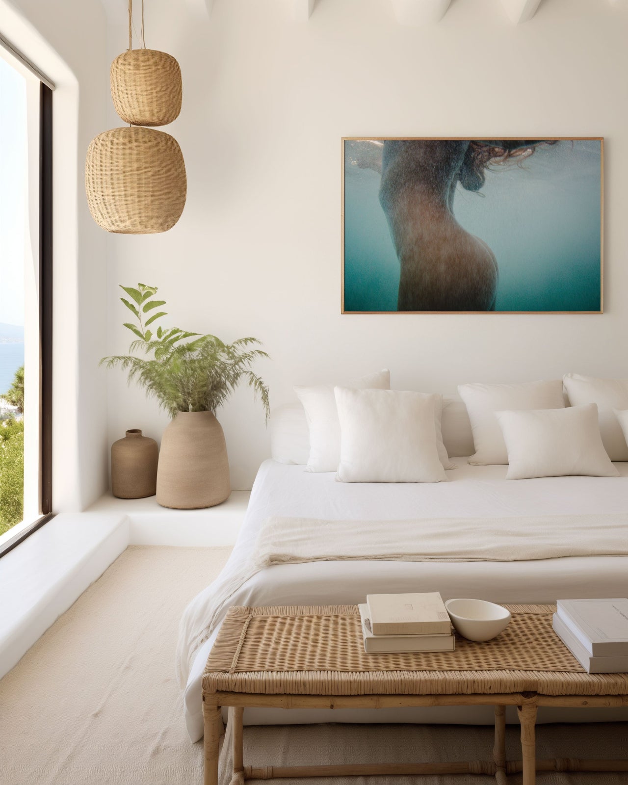 underwater nude fine art print close up of torso framed in clean minimally styled bedroom