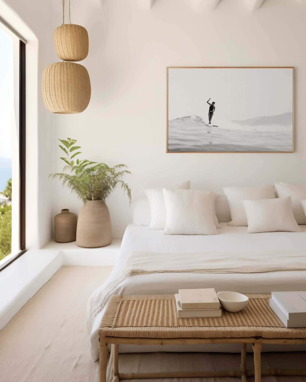 Elegant surfer in soft hazy morning light — black and white surf-inspired fine art print with grainy ocean texture.