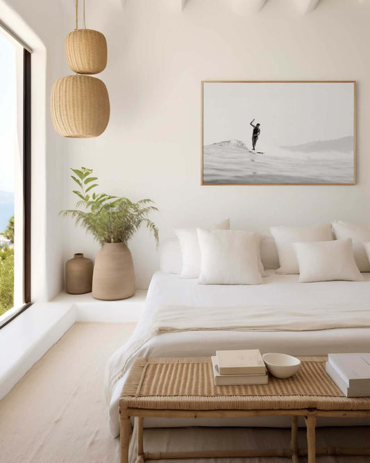 Elegant surfer in soft hazy morning light — black and white surf-inspired fine art print with grainy ocean texture.