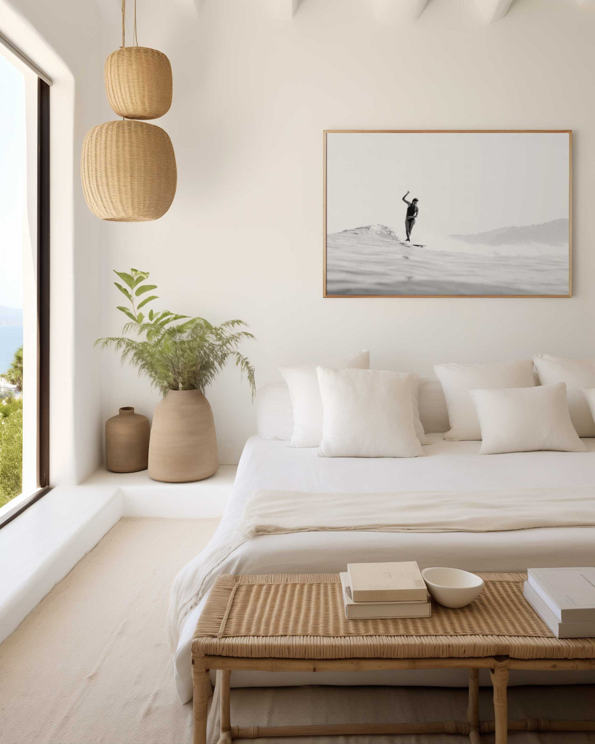 Elegant surfer in soft hazy morning light — black and white surf-inspired fine art print with grainy ocean texture.