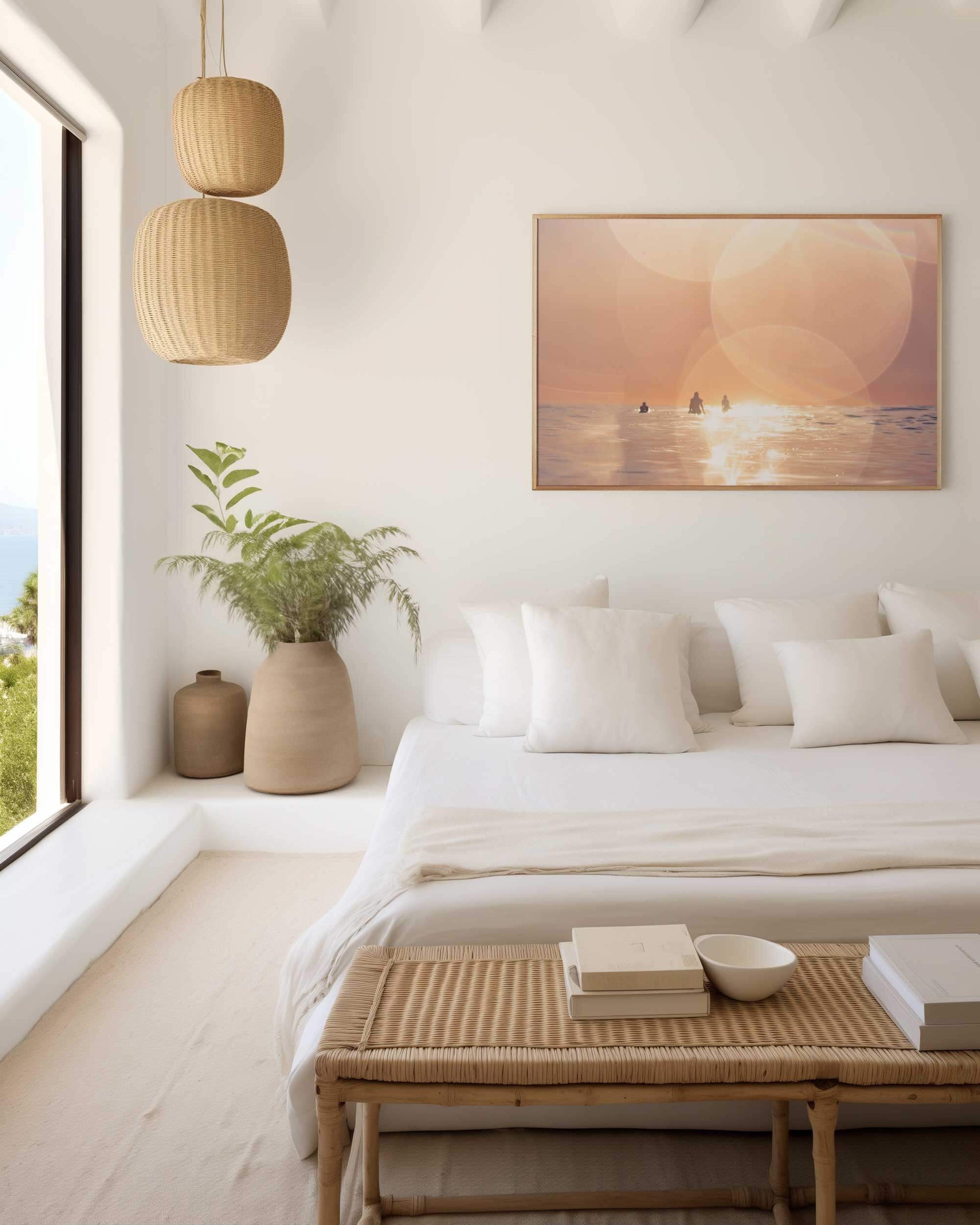 Dreamy surfing print showcasing a serene sunset in a minimalist bedroom setting.