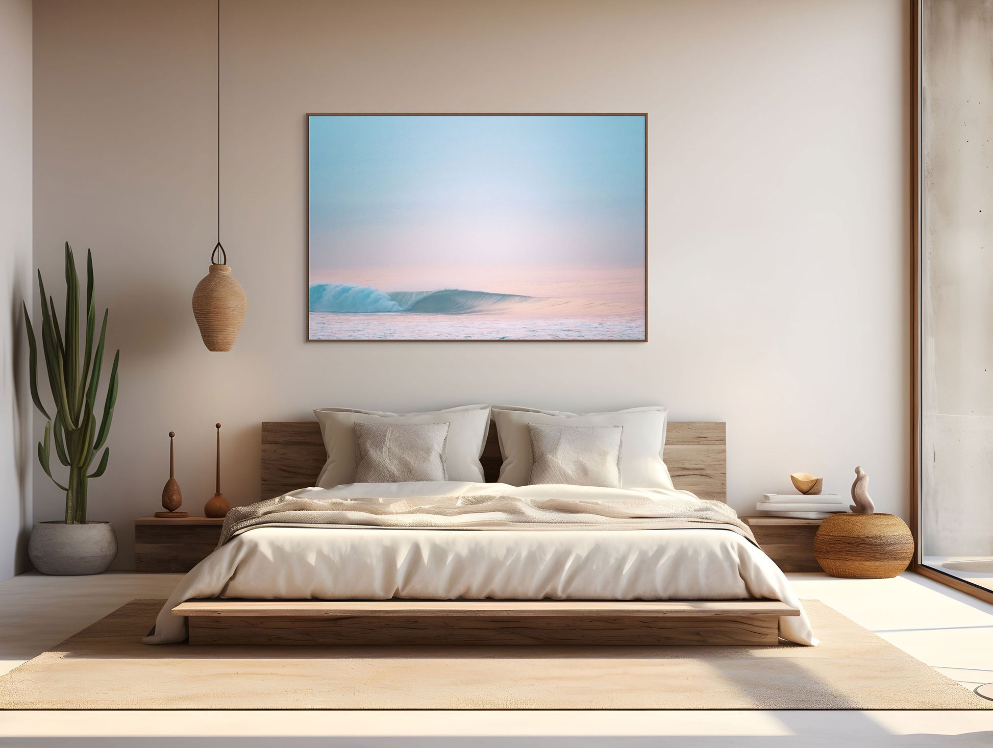 Modern bedroom with a framed print of pastel sky wave barrelling above the bed displaying a scenic image.